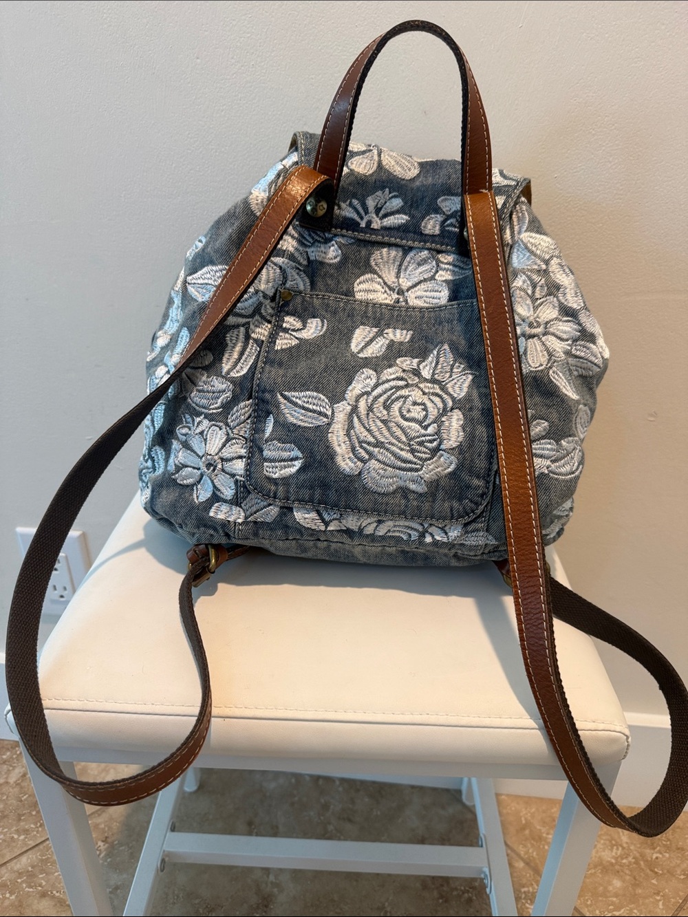 Patricia Nash Embroidered Denim and Leather Floral Drawstring Backpack - Picture 4 of 10